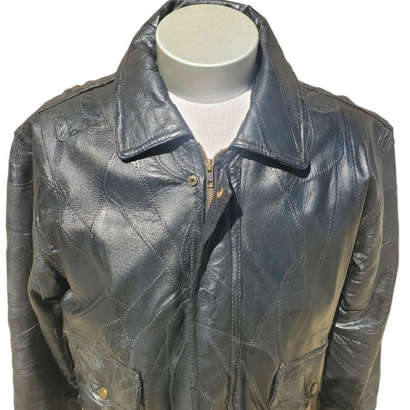 Vintage LeWorld Leather Bomber Jacket Black Patchwork Biker Motorcycle Mens Lg - Picture 3 of 16